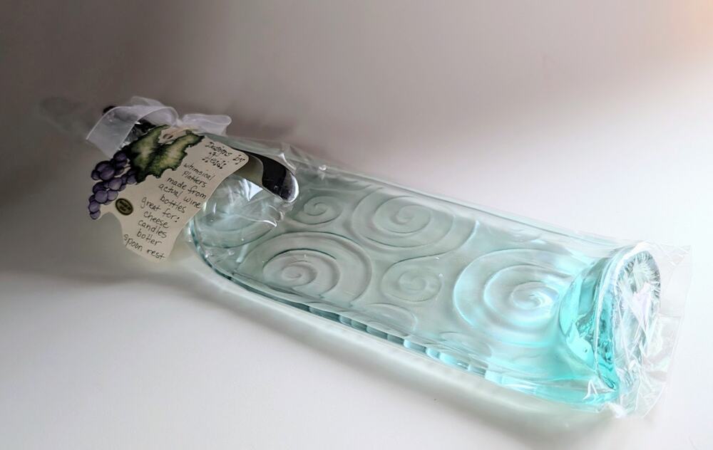 Clear Glass Melted Wine Bottle Cheese Tray Upcycled With Cheese Knife
